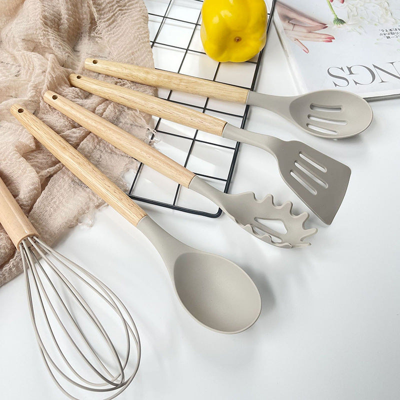 Wholesale Wooden Handle Silicone Kitchenware 12 Pieces suit Household Non-Stick Cooking High Temperature Resistant Cooking Silicone Spoon suit