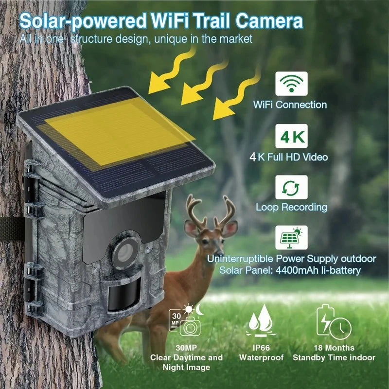 Hunting Camera  4K  WiFi Solar Panel Powered Trail Camera Trap Night Vision Waterproof IP66 Game Wildlife Cameras Foto Chasse