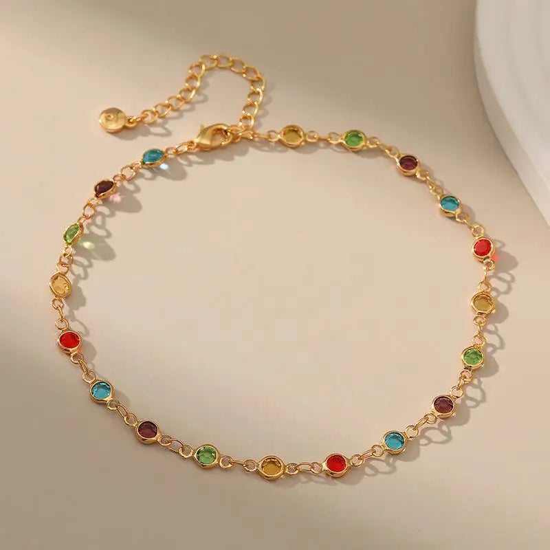 Gold Color Boho Rainbow Rhinestone Anklet for Women Summer Beach Beads Foot Chain Vocation Jewelry Gifts