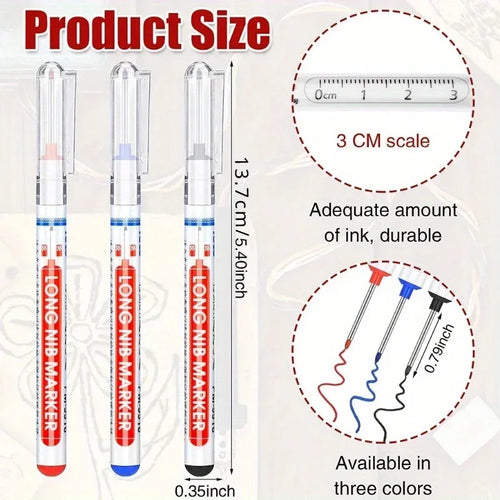 12 Long Nib Markers - Multi-Purpose Red and Black 20mm Deep Hole Markers for Woodworking, DIY Projects and Bathroom Decor