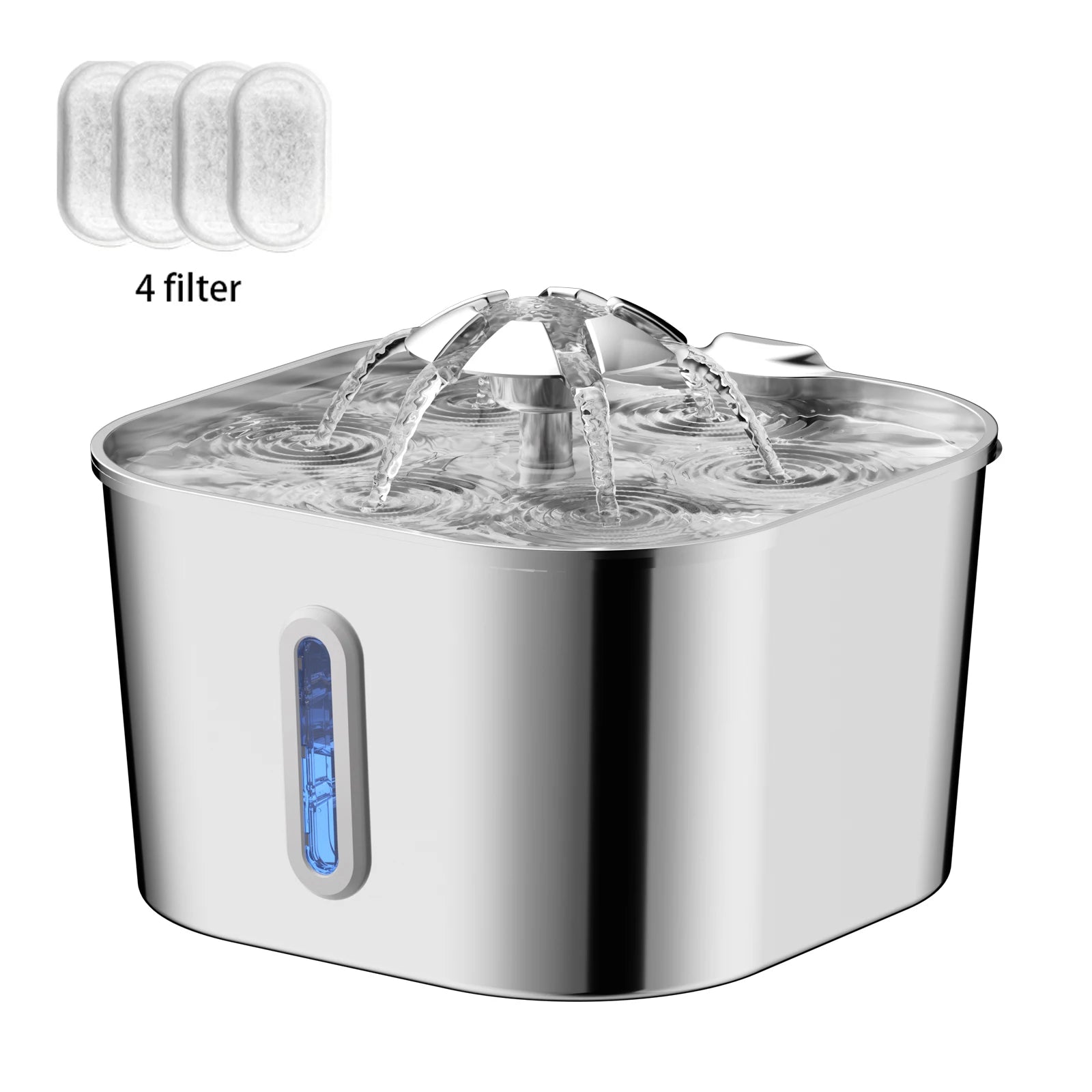 2.2L/74OZ Automatic Cat Fountain Stainless Steel Pet Water Dispenser Silent Water Pump Circulation Filtering Visual Window