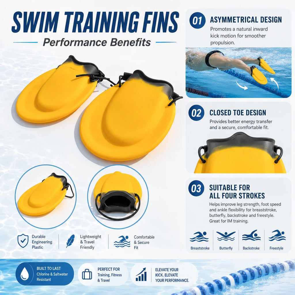 Swim Training Fins for All Strokes Ergonomic Fit Adjustable Heel Strap Comfortable Swimming Gear