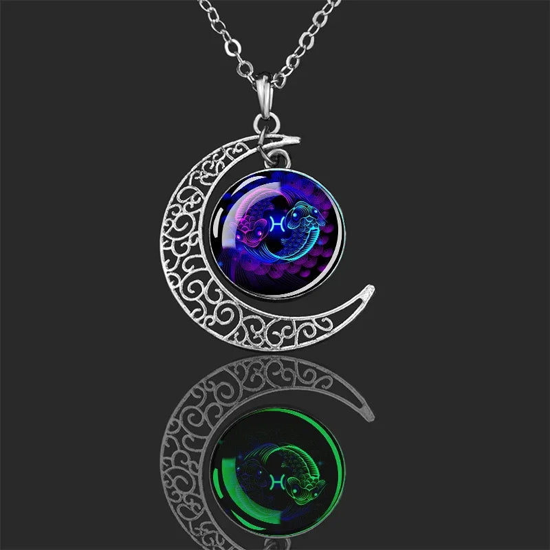 Luminous 12 Constellations Zodiac Signs Necklaces Crescent Moon Pendant Chains Necklace for Women and Men Birthday Jewelry Gifts