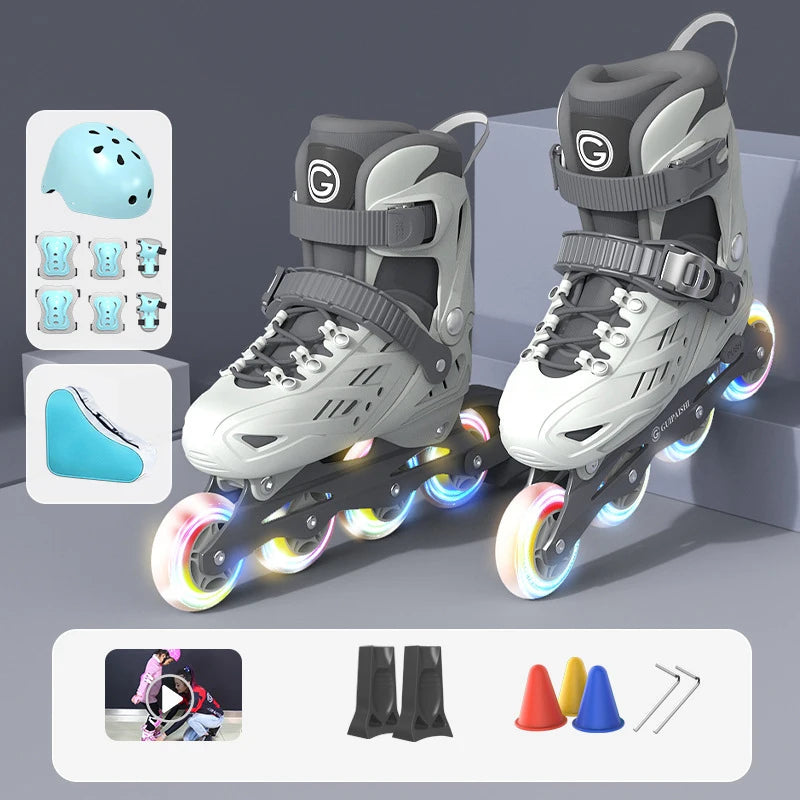 Inline Roller Skates With Helmet, Elbow And Knee Pads Shoe Bag Set Flash 4 Wheels Sneakers For Boys Girls Adjustable Skate Shoes
