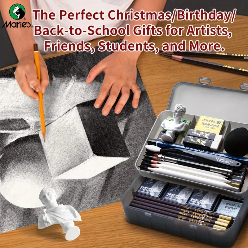 Marie's Pencil Set with Double Layer Box with Charcoal Graphite,Pencils,Erasers,Knife, for Painting,Writing for Adults(23/27pcs)