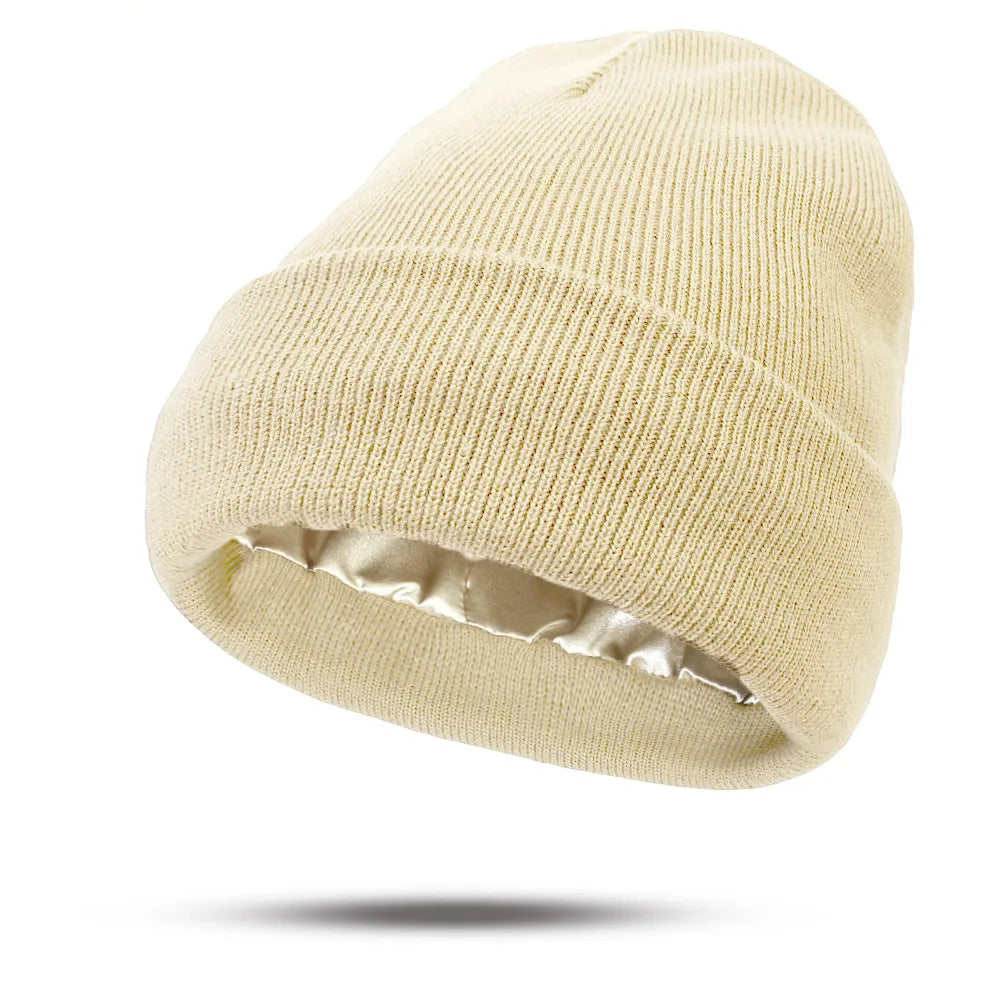 Women's Hats for Autumn&Winter-Comfortable Stylish Versatile Warm-Keeping Hairstyle-Protecting Knitted Satin Woolen Hats