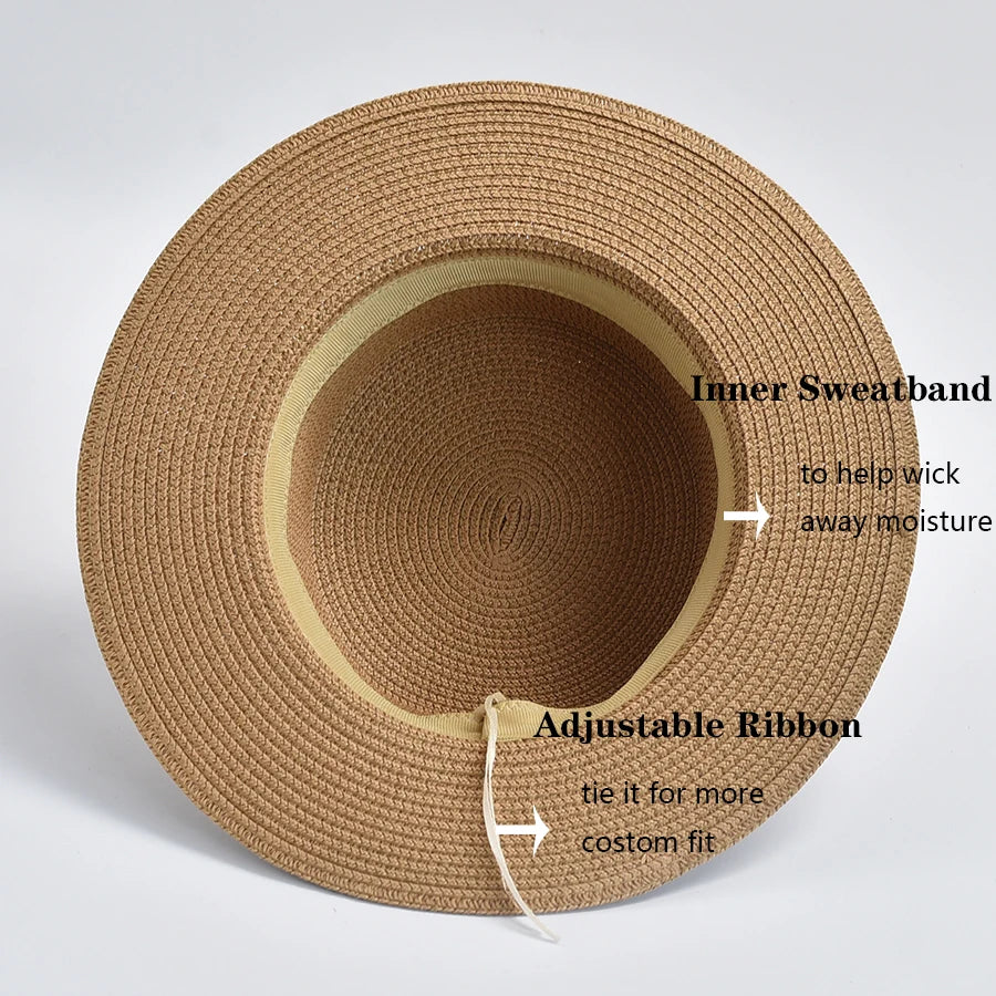 Straw Hats for Women French Style Elegant Holidays Boater Hat Summer Flat Top Beach Sun Hats Gorro