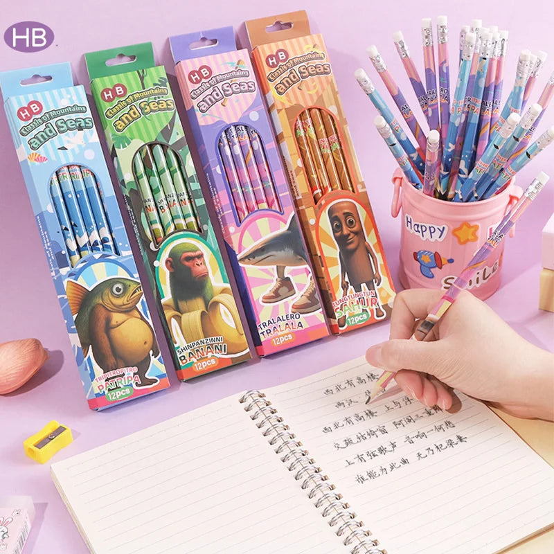 12pcs/box Foreign Shan Hai Jing Series HB Pencil with Eraser Pencil Wooden Stick Human Fusion Monster Pencil for back to school