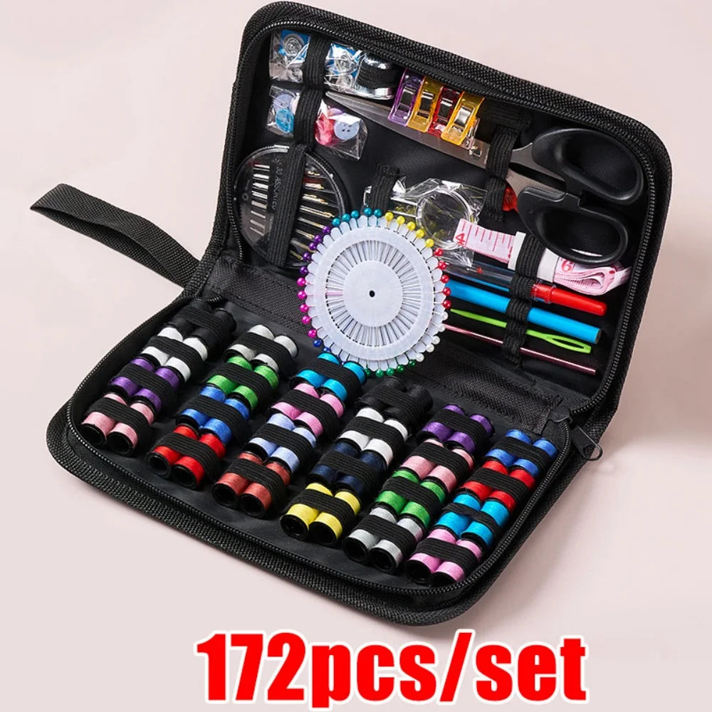 172/27pcs/set Sewing Kit with Threads Needles Scissors Tape Measure Buttons Storage Bag Portable Travel Sewing Box Tools