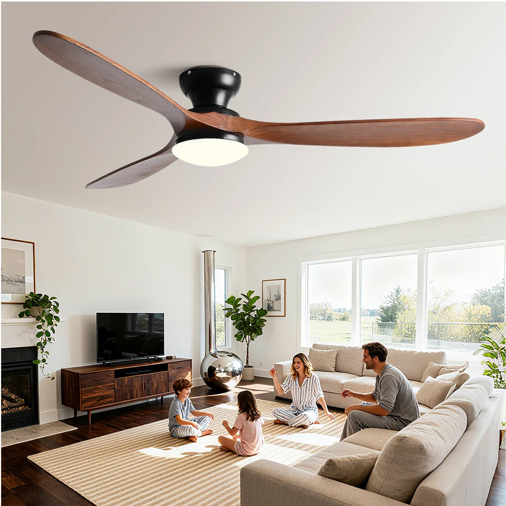 36/42/52inch Low Floor Ceiling Fan Light Remote Control Led Lights Indoor Restaurant Solid Wood Fan Leaves With Fan Chandelier