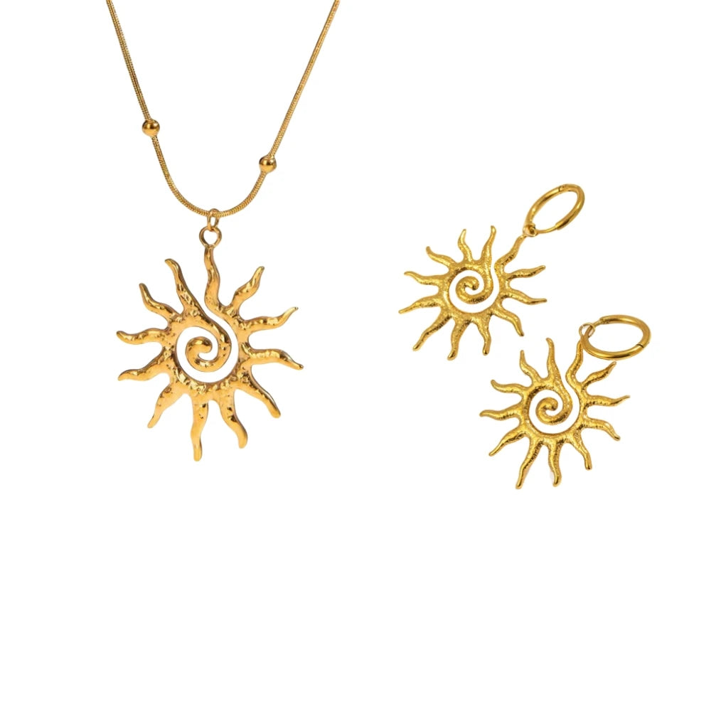 Fashion Vintage Chic Sun Shaped Pendant Necklace Stainless Steel Earrings Y2K Choker Golden Ring Jewlery Accessories Party Gifts