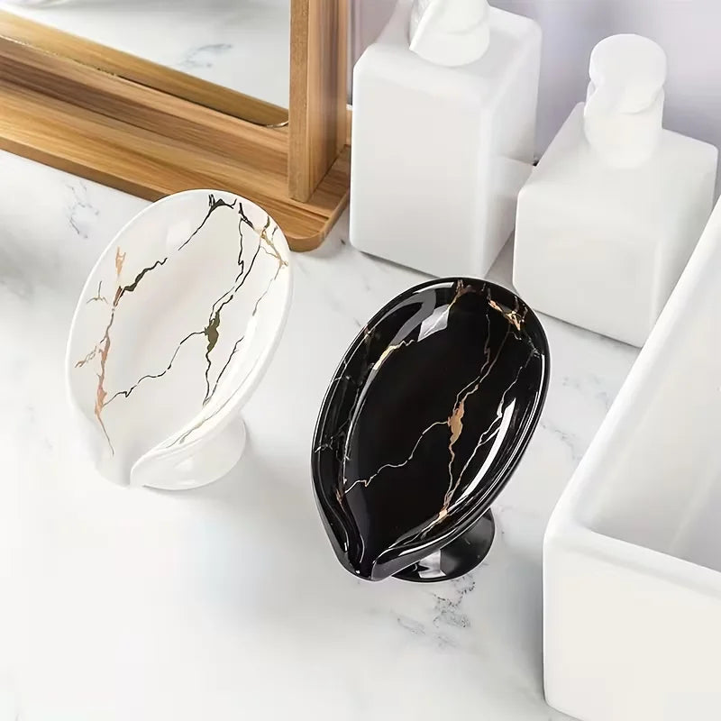 Ceramic self draining water and fertilizer soap rack, marble appearance, leaf shaped soap tray, easy to clean bathroom