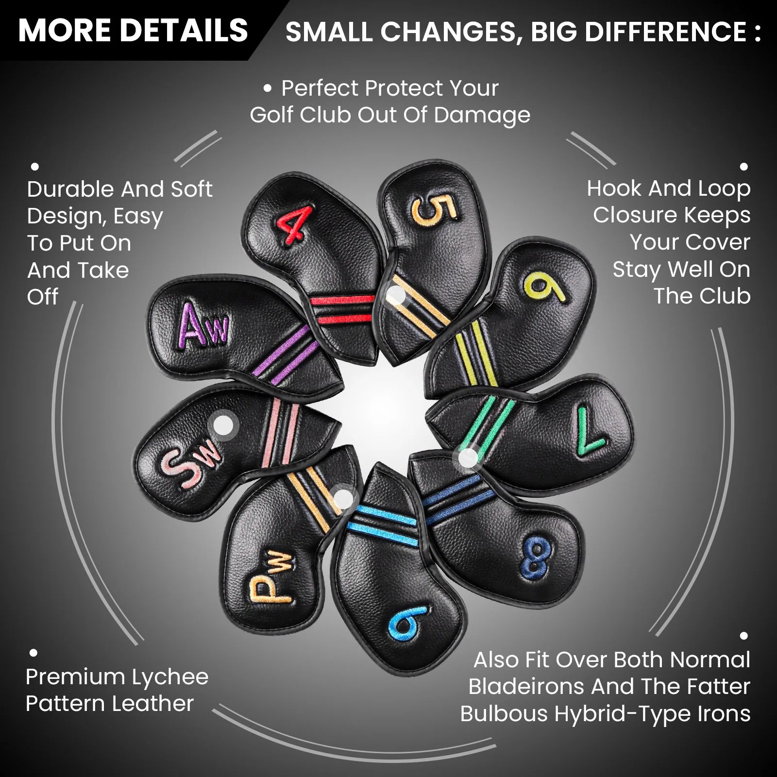 Golf Club Headcovers Value 9 Pack, Premium PU Leather with Double-Sided Colorful Embroidery Label for Strong Protection