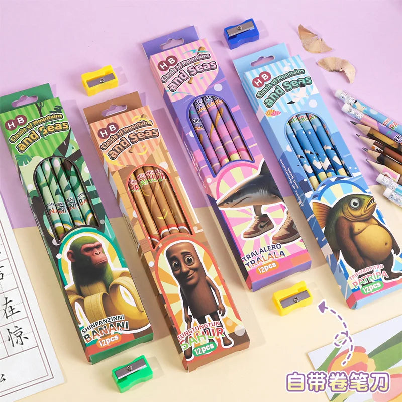 12pcs/box Foreign Shan Hai Jing Series HB Pencil with Eraser Pencil Wooden Stick Human Fusion Monster Pencil for back to school