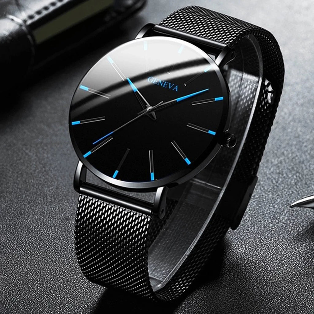 Minimalist Geneva Watch for Men Large Round Dial Mesh Strap Water Resistant Business Casual Quartz Wristwatch