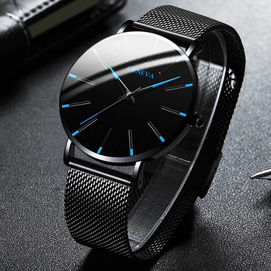 Minimalist Geneva Watch for Men Large Round Dial Mesh Strap Water Resistant Business Casual Quartz Wristwatch