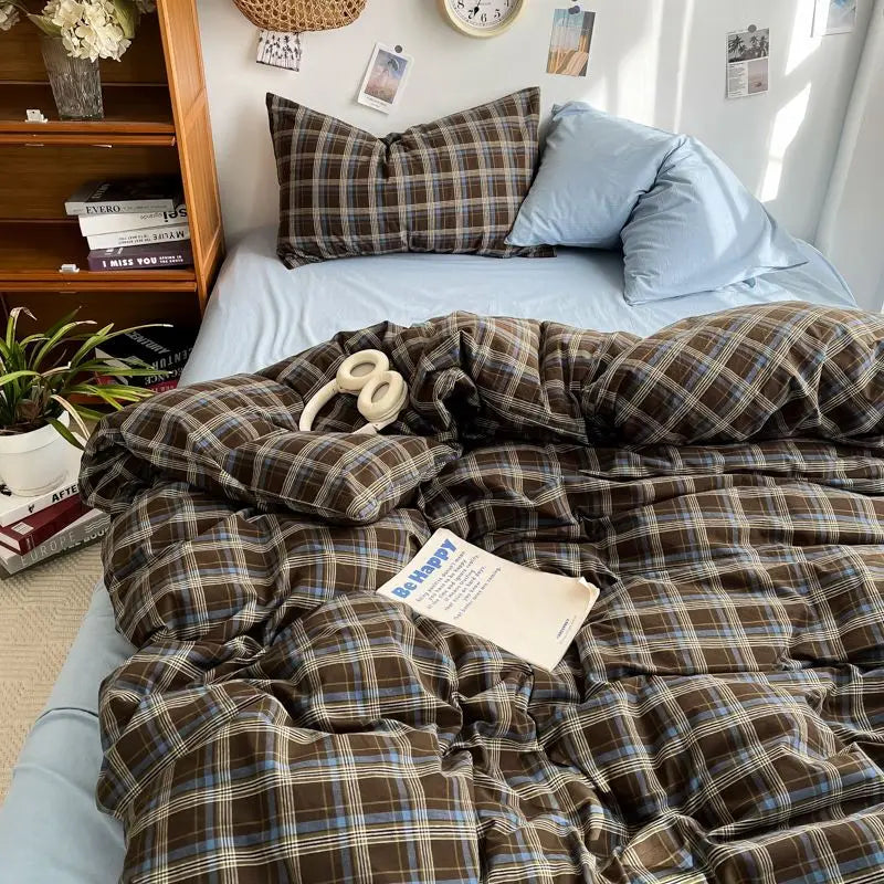 Bedding Set Ins Ambiance Blue Coffee Grid Mixed With Washed Cotton Minimalist Four Piece Set Fitted Sheets Duvet Cover