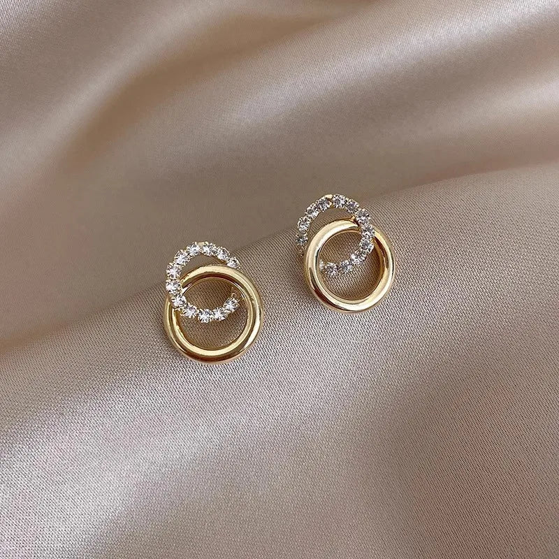 Gold Color Double Hoop Geometric Stud Earrings Sparkly Inlaid Rhinestone Earrings Female Fashion Light Luxury Ear Jewelry C