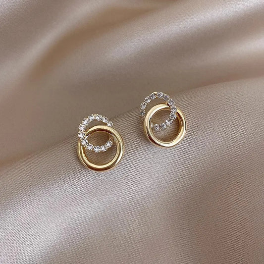 Gold Color Double Hoop Geometric Stud Earrings Sparkly Inlaid Rhinestone Earrings Female Fashion Light Luxury Ear Jewelry C