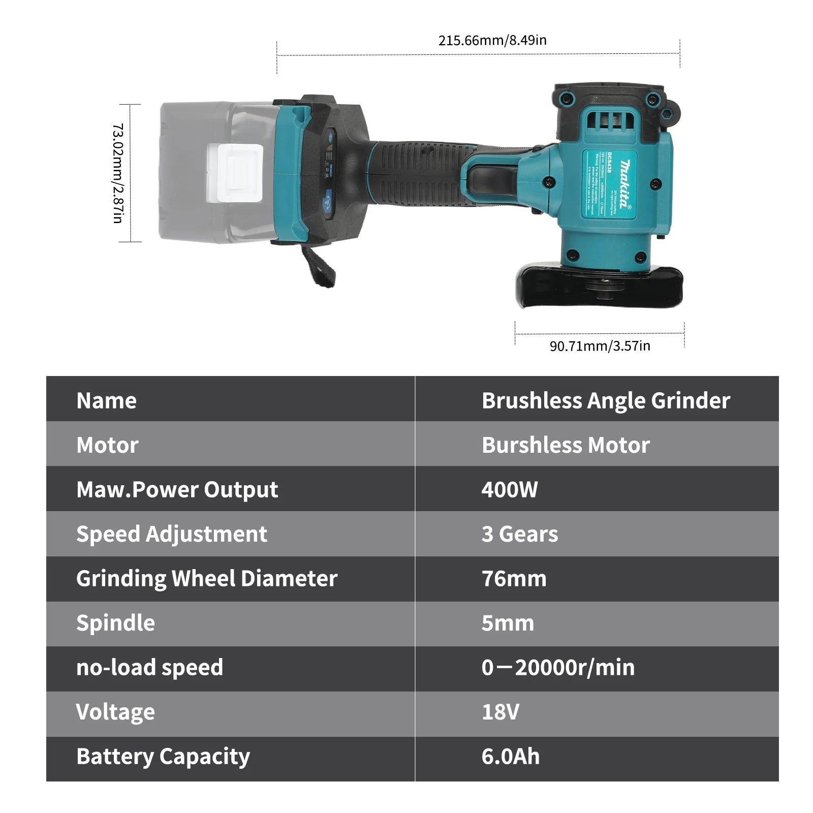 Makita MT438 18V Cordless Angle Grinder 3 Inch, Mini Polishing Grinding Machine Electric Cutting Tool for Small Works DIY