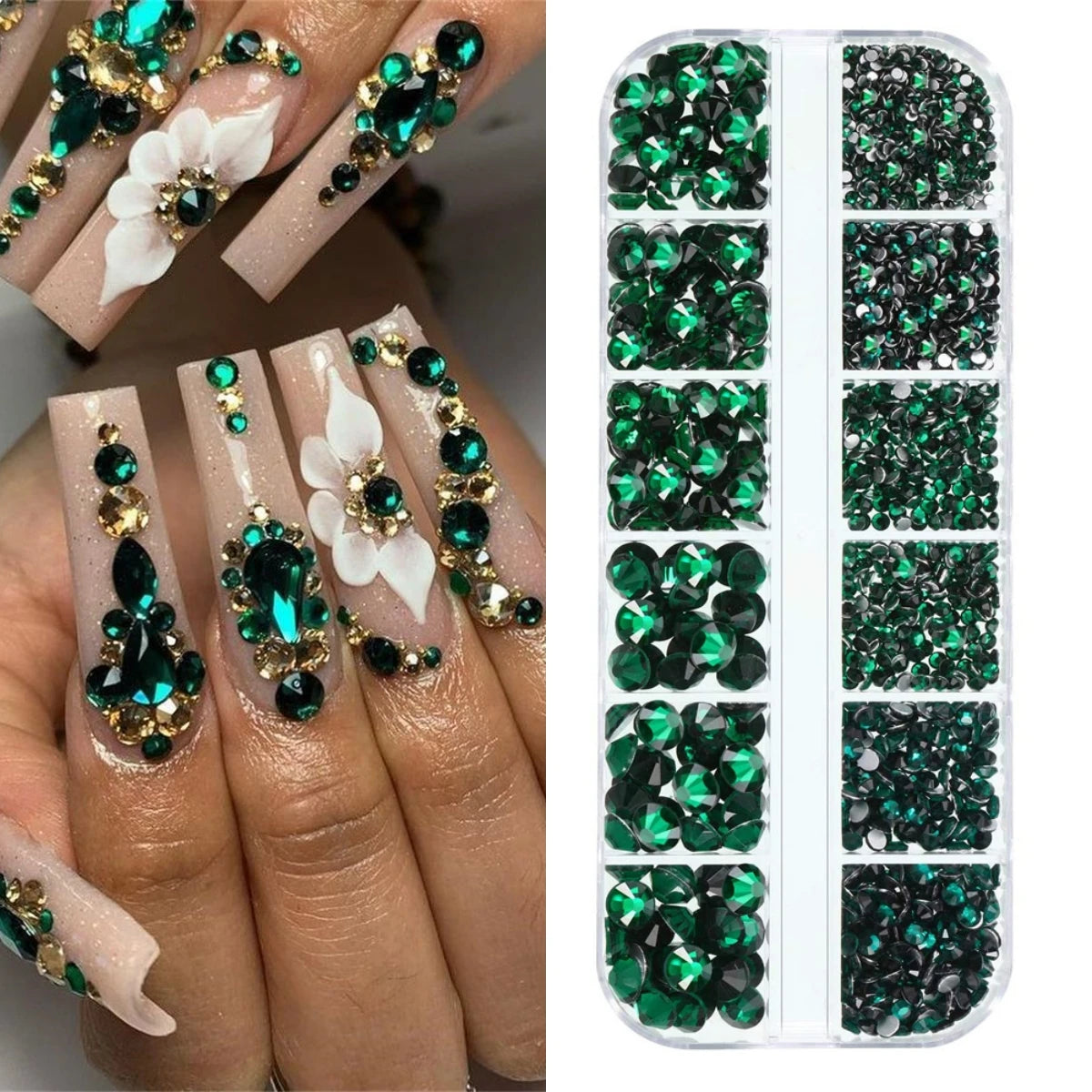 Nail Art Rhinestones Kit 2400pcs Nail Gems Ab Flatback Rhinestones Gems Stones with Storage Organizer for Design Bright Holiday