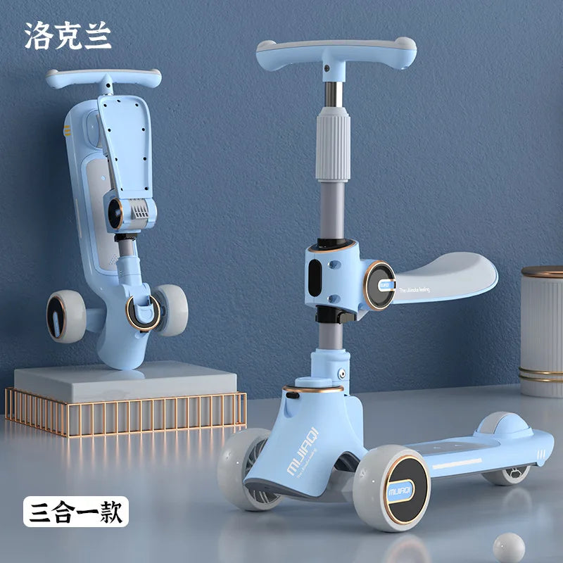 Scooter for children aged 1-3 to 12 years old, three in one for boys, girls, and babies. Can be seated or ridden