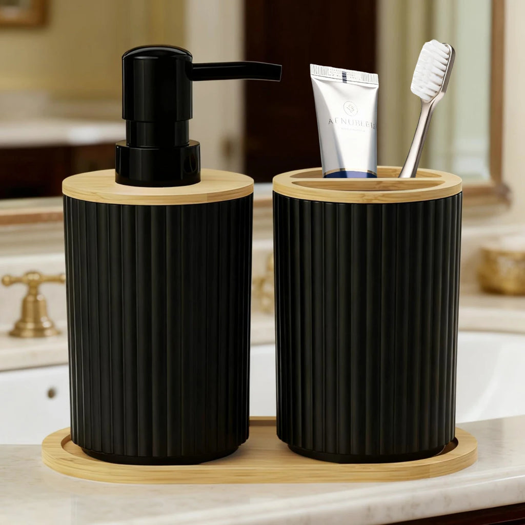 2pcs/set black bathroom accessories set, hands soap dispenser and toothbrush cup set, used for bathroom necessities