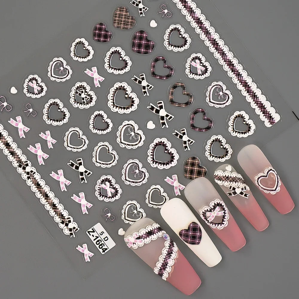 Sweet Pink Bowknot Black Lace Heart Nail Stickers 3D Self Adhesive Nail Art Stickers Manicure Decorations Decals