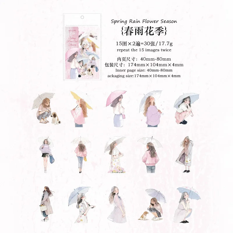 30 Sheets Girl Holding Umbrella in Rain Sticker Pack DIY Handmade Album Scrapbooking Decor Paper Supplies