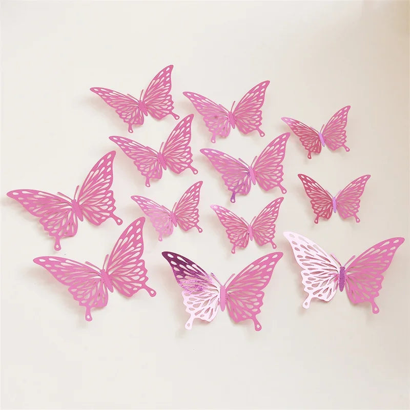12Pcs Butterfly Decoration Wall Stickers Black Red Pink Blue Hollow 3D Butterflies Kids Room Home Cake Wedding Party Decoration