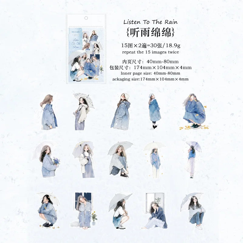 30 Sheets Girl Holding Umbrella in Rain Sticker Pack DIY Handmade Album Scrapbooking Decor Paper Supplies