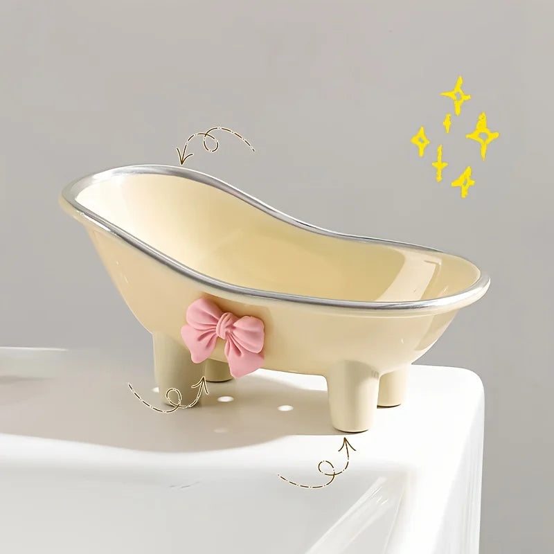 1pc Mini Bathtub-Shaped Soap Dish Charming Bathroom Accessory with Decorative Pink Bow