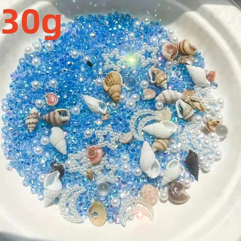 30g Ocean-Themed Epoxy Resin Filling - Star, Moon, Shell Shapes, Blue & Purple Shells, Crabs, Starfish, and Sparkling Decoration