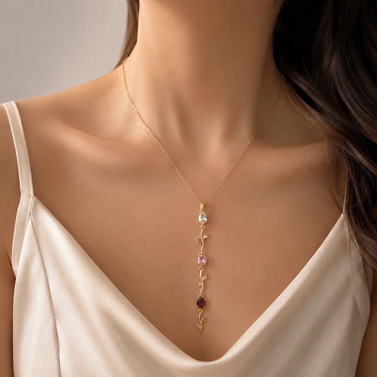 Minimalist Gold Color Tone Vine Lariat Necklace for Women Multicolor Crystal Long Pendant Chain Daily Party Gift Accessories