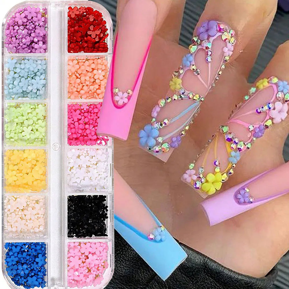 1box 3D Flower Bow Nail Art Decorations Kit Pink/White Acrylic Floral/Peal Beads Nail Charm with Wax Pen/Tweezer 4/6mm Nail Part