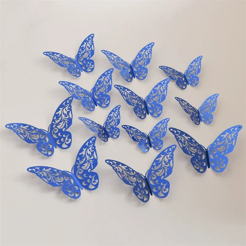 12Pcs Butterfly Decoration Wall Stickers Black Red Pink Blue Hollow 3D Butterflies Kids Room Home Cake Wedding Party Decoration
