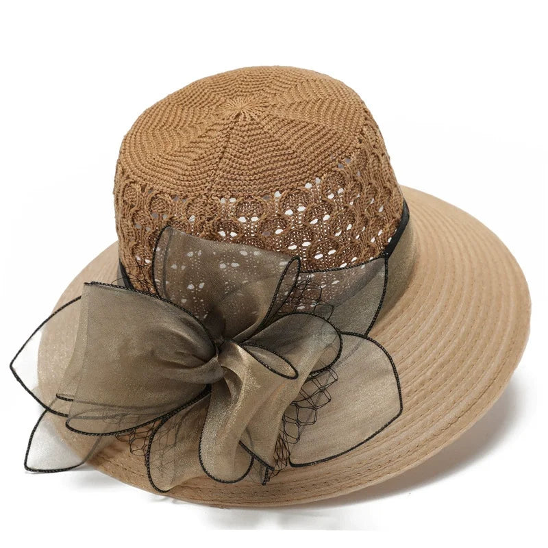 European & American Elegant Knitted Hats Solid Color Big Brim Sun Hat Women Outdoor UV Protection Bucket Hats for Mom