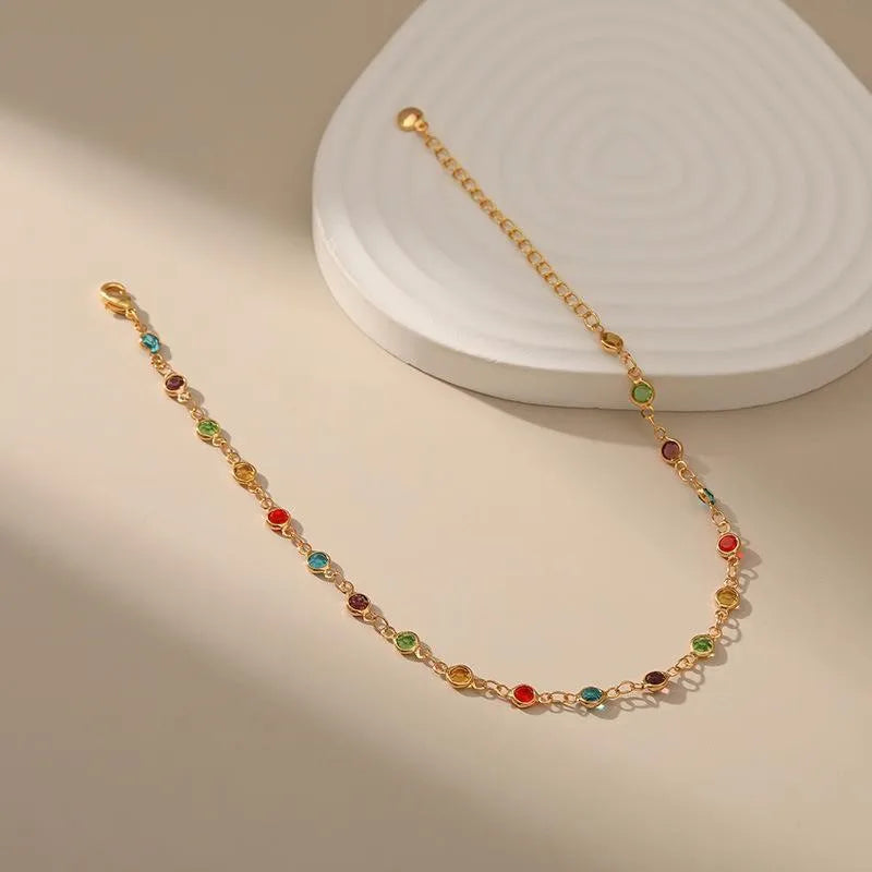 Gold Color Boho Rainbow Rhinestone Anklet for Women Summer Beach Beads Foot Chain Vocation Jewelry Gifts