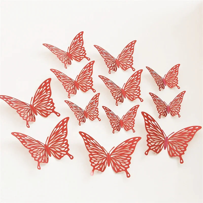 12Pcs Butterfly Decoration Wall Stickers Black Red Pink Blue Hollow 3D Butterflies Kids Room Home Cake Wedding Party Decoration