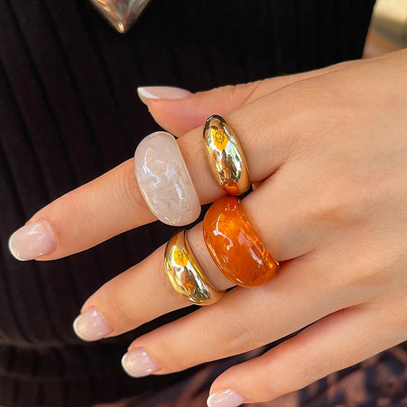 KunJoe 4Pcs/Set Vintage Smooth Water Drop Open Rings for Women Bohemia Colorful Resin Acrylic Round Joint Rings Design Jewelry