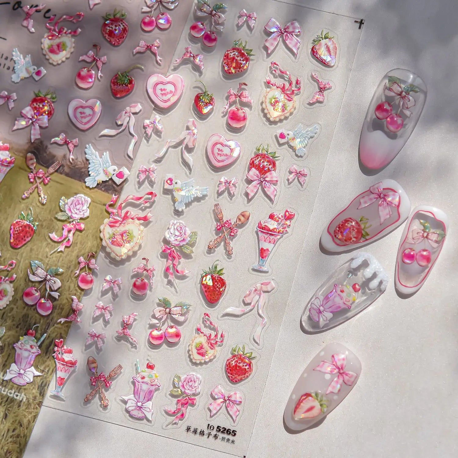 Fresh Sweet Fruits Strawberry Cherry Bowknot Love Heart Lemon 5D Nail Art Stickers Self Adhesive Decorations Nail Manicure Decal