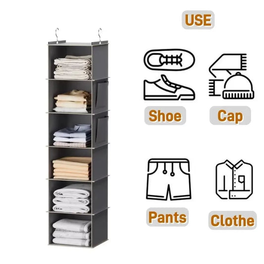 Hanging Closet Organizer and Storage, Foldable 6-Shelf Closet Hanging Storage Shelves with 2 Hooks for Shoe Cap Clothes Pants
