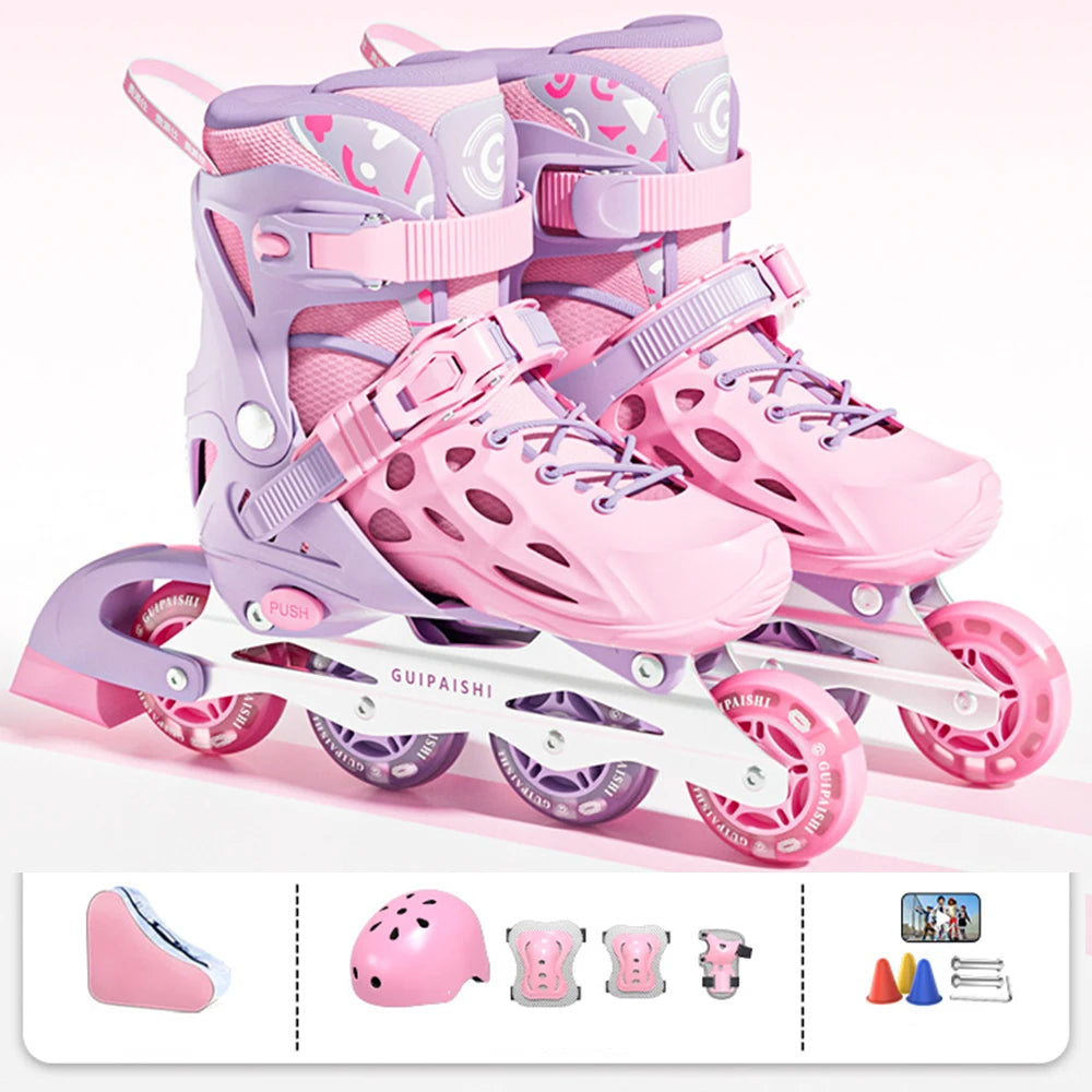 Inline Roller Skates With Helmet, Elbow And Knee Pads Shoe Bag Set Flash 4 Wheels Sneakers For Boys Girls Adjustable Skate Shoes