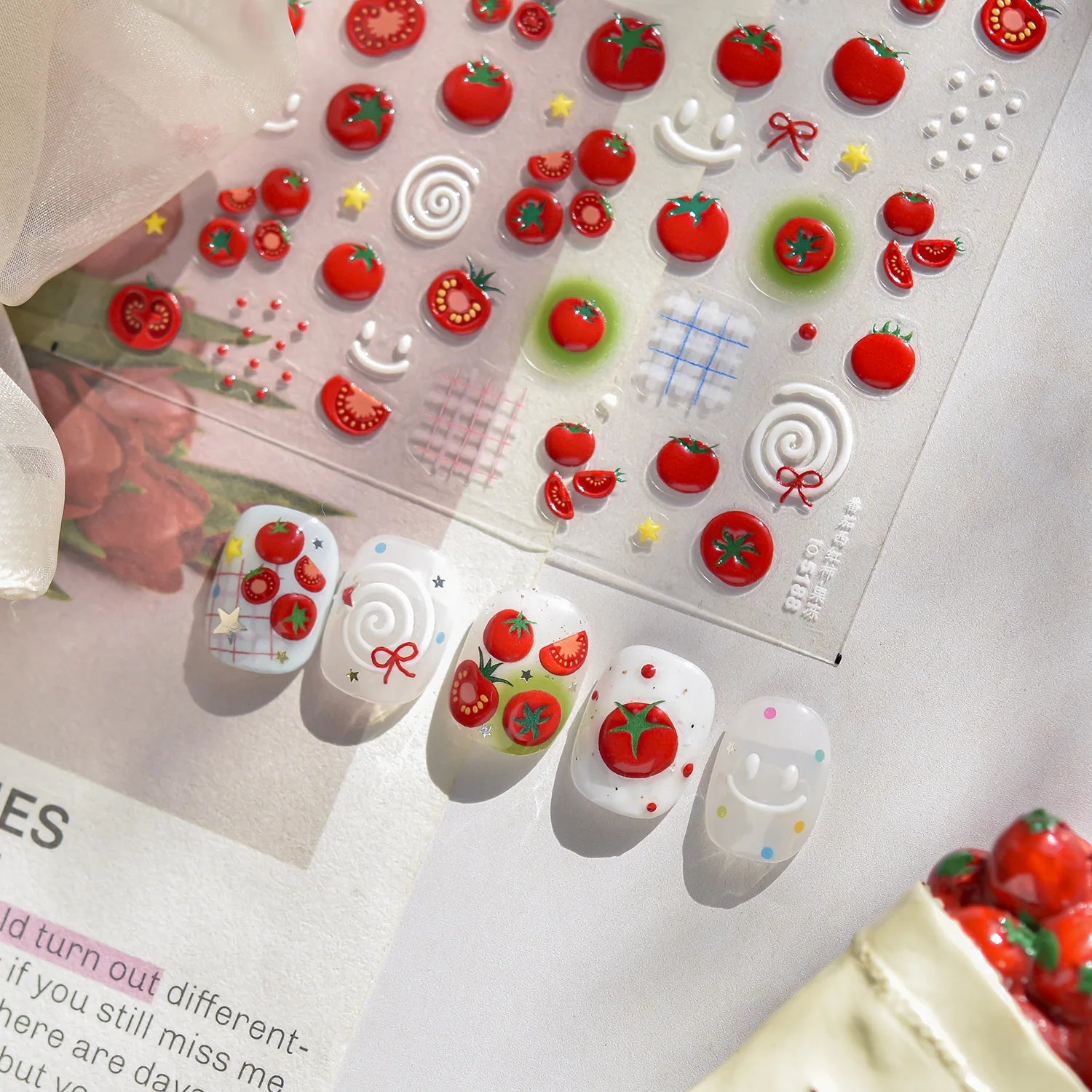 Fresh Sweet Fruits Strawberry Cherry Bowknot Love Heart Lemon 5D Nail Art Stickers Self Adhesive Decorations Nail Manicure Decal
