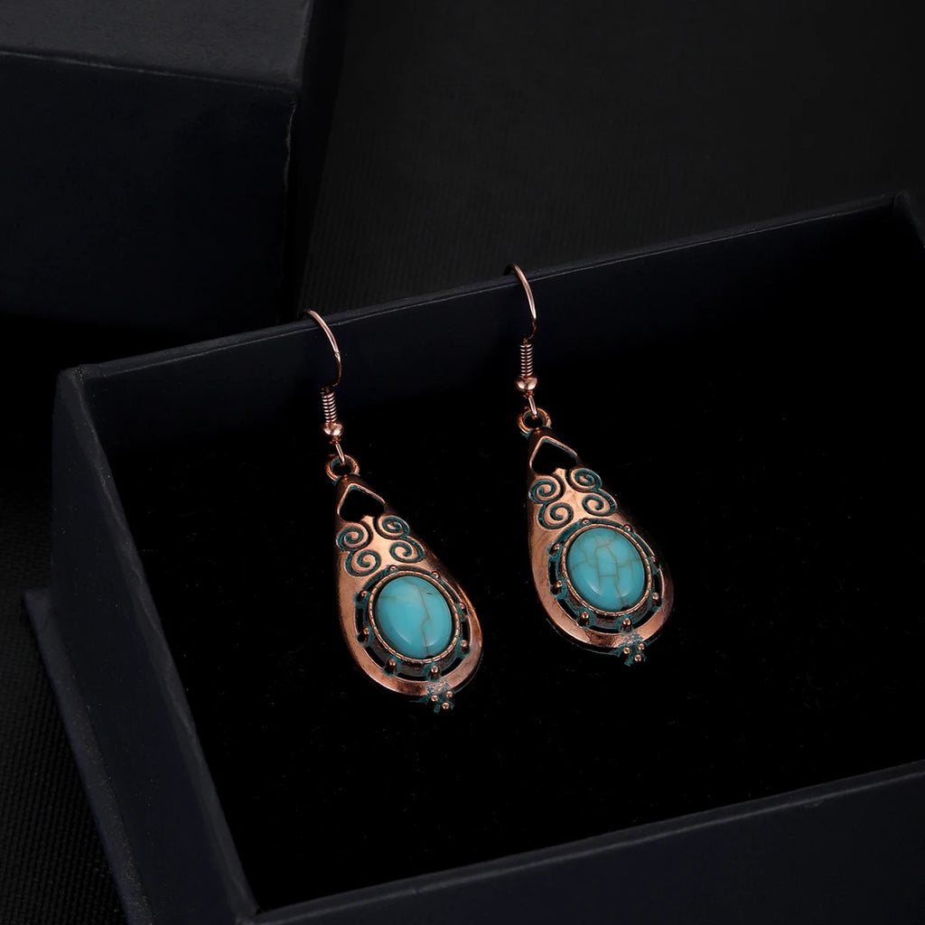Antique New Blue Stone Turquoise Earring for Women Boho Fashion Bronze Geometric Water Drop Flower Dangle Earrings Jhumka