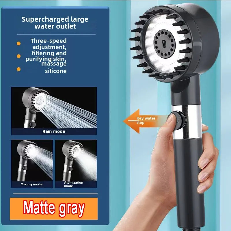 High Pressurized Filter Shower Head 3-mode Adjustable Spray With Massage Brush Rain Faucet Shower Set Bathroom Accessory