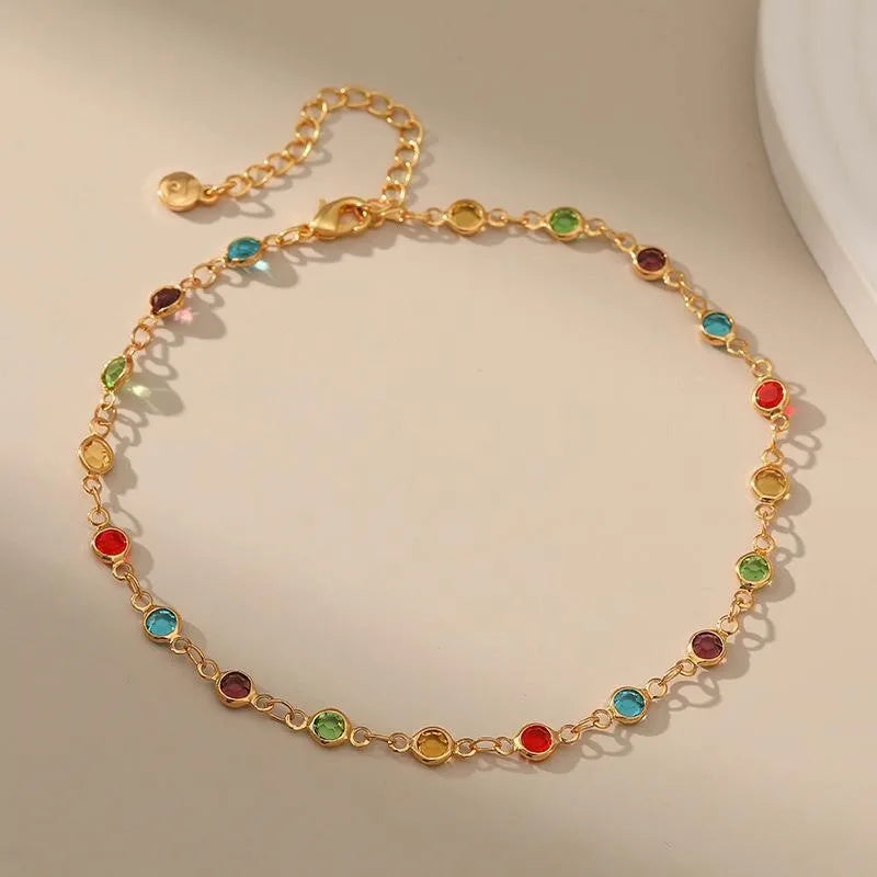 Gold Color Boho Rainbow Rhinestone Anklet for Women Summer Beach Beads Foot Chain Vocation Jewelry Gifts