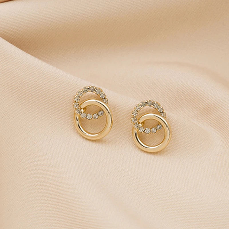 Gold Color Double Hoop Geometric Stud Earrings Sparkly Inlaid Rhinestone Earrings Female Fashion Light Luxury Ear Jewelry C
