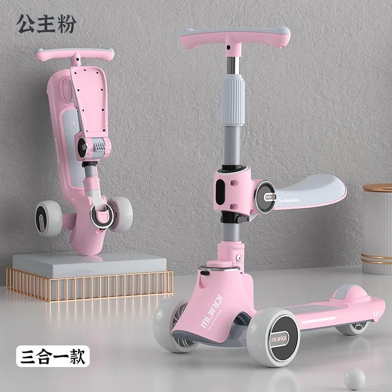 Scooter for children aged 1-3 to 12 years old, three in one for boys, girls, and babies. Can be seated or ridden