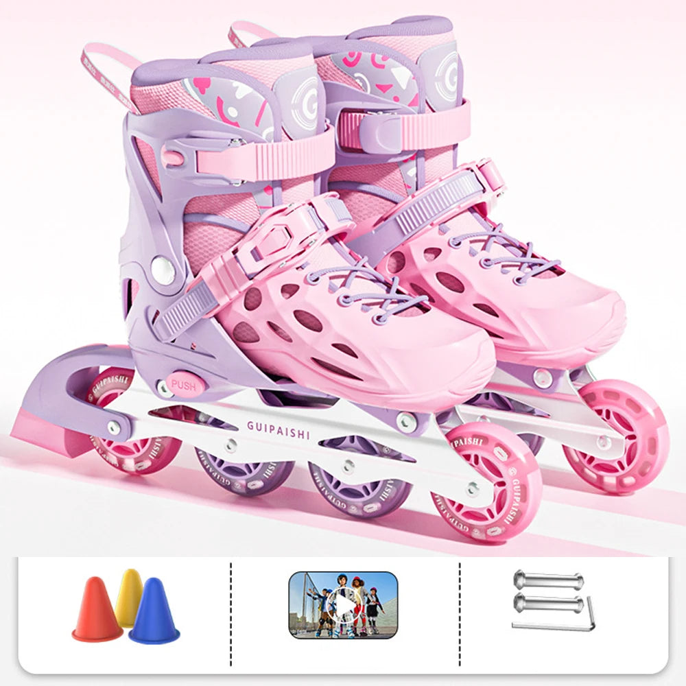 Inline Roller Skates With Helmet, Elbow And Knee Pads Shoe Bag Set Flash 4 Wheels Sneakers For Boys Girls Adjustable Skate Shoes